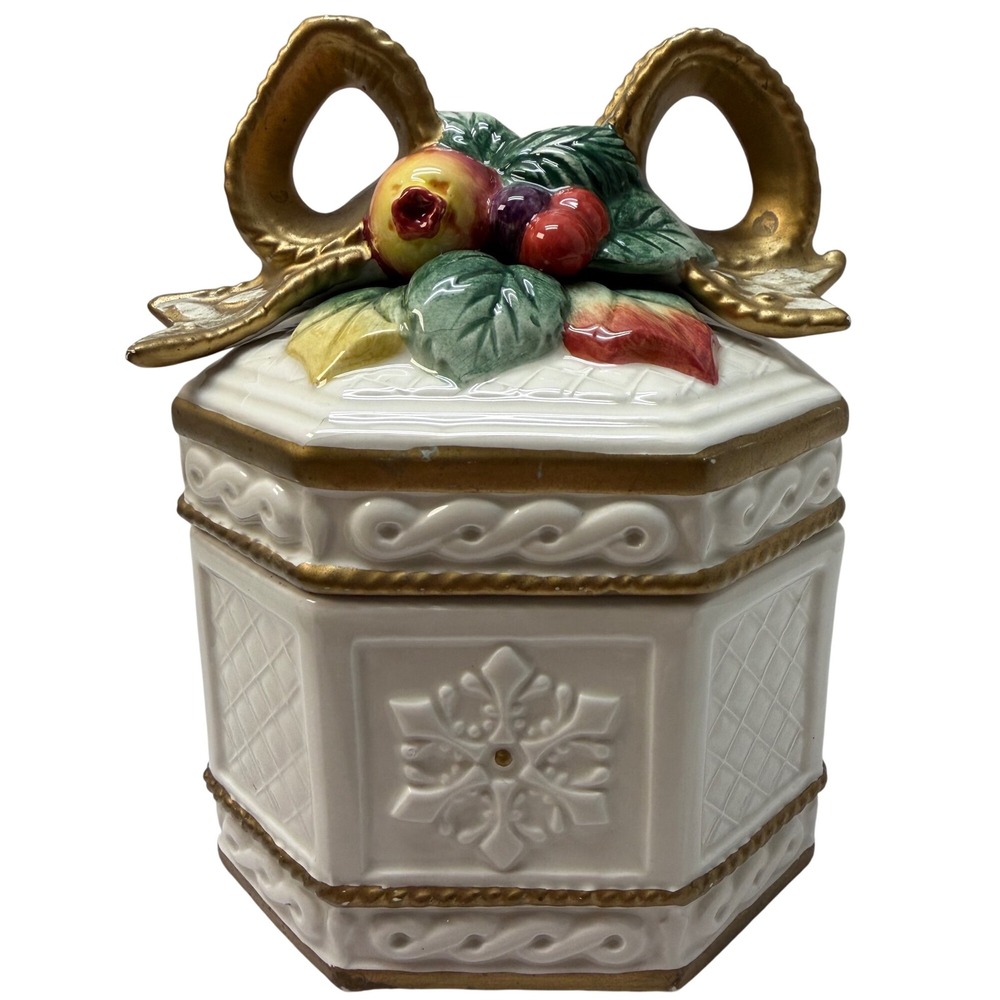 Fitz and Floyd Classics Christmas Fruit Bow Octagon Lidded Canister Gold Trim